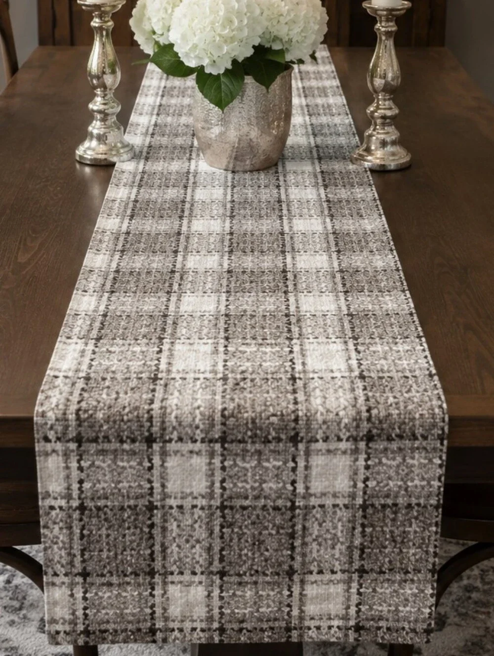 Maxi Plaid Jacquard Gray White Brown Silver Lurex Table Runner 13